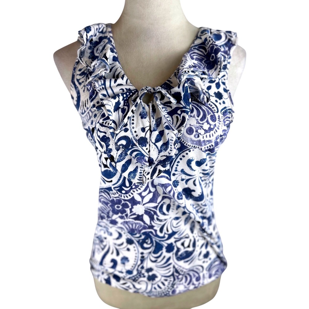 Lauren Ralph Lauren Blue White Paisley Ruffle Tie Neck Sleeveless Cotton Top S